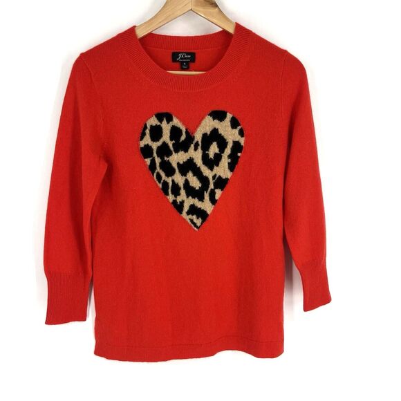 J. Crew Sweaters - J Crew Sweater Size Small Womens Red Everyday Cashmere Crew Neck Leopard Heart